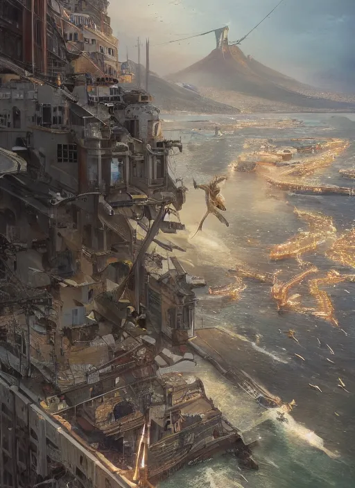 Image similar to hyper realistic robot attacking cape town city harbor beautiful details, strong composition, poster painted by greg rutkowski, james gurney and greg rutkowski weta studio, and lucasfilm and best of artstation