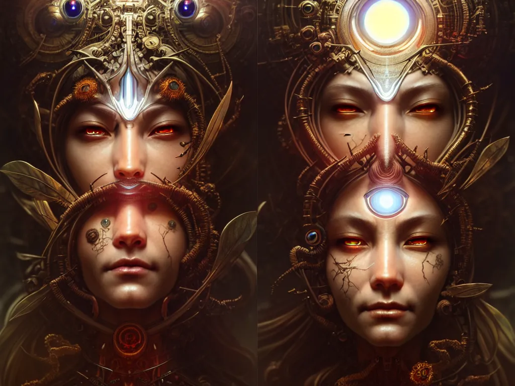 Image similar to ultra realistic beautiful cyborg deity eyes closed, fantasy, intricate details, movie still, highly detailed, photorealistic, octane render, eerie, 8k, art by artgerm and james clyne and greg rutkowski and alphonse mucha