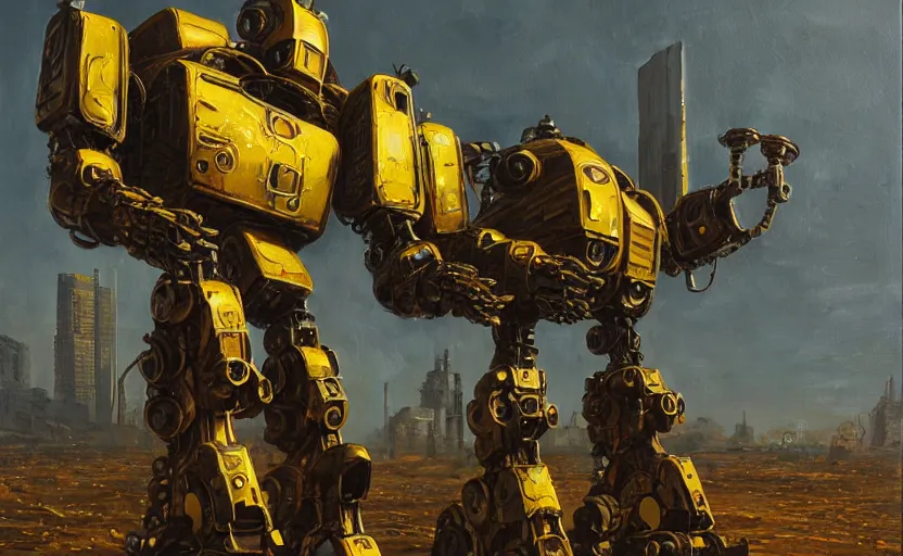 Prompt: an intricate oil painting of a giant armored plated metal mecha by simon stalenhag, rust, yellow and black trim