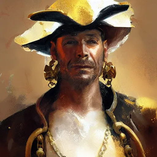 Prompt: Portrait painting of a pirate with gold earings by greg rutkowski and craig mullins