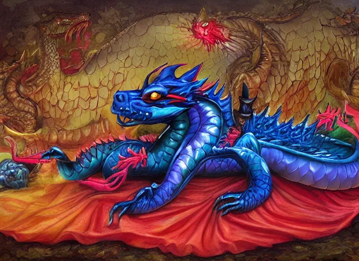 Prompt: The majestic rubber dragon has been punctured, and is now slowly deflating! Fantasy painting, colorful, somber, sorrowful