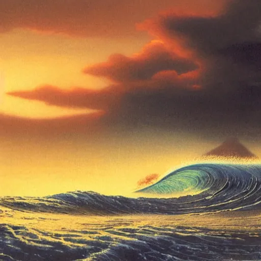 Prompt: typhoon at dusk in the style of Koginawa wave, by Bruce Pennington