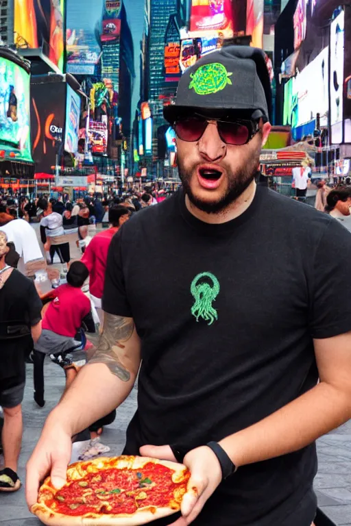 Prompt: a Cthulhu rapper eating pizza in Times Square