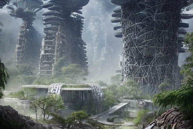 Image similar to brutalist futuristic Aztec structures, manicured garden of eden, by Jessica Rossier and HR giger