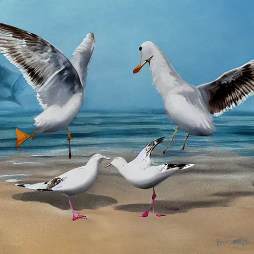 Prompt: seagulls fighting crabs at the beach, digital art, artstation, highly detailed