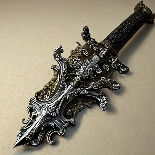 Image similar to An ornate and realistic sword,dazzling gem in the hilt,fantasy,masterwork,good lighting