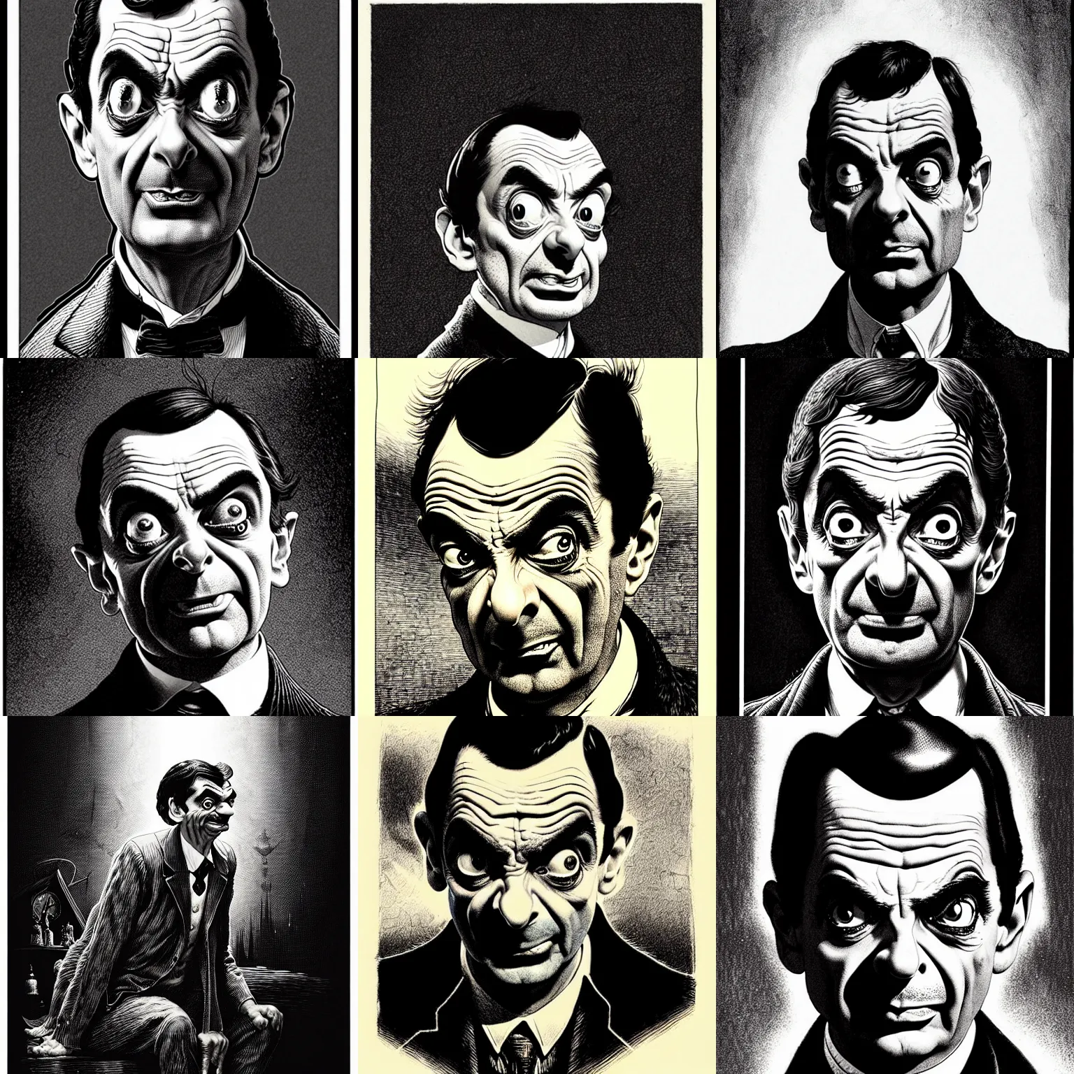 Prompt: mr bean portrait dramatic light, by bernie wrightson and simon bisley and joe fenton, inspired victorian sci - fi, etching, fine, sharp high detail, duotone screen print,