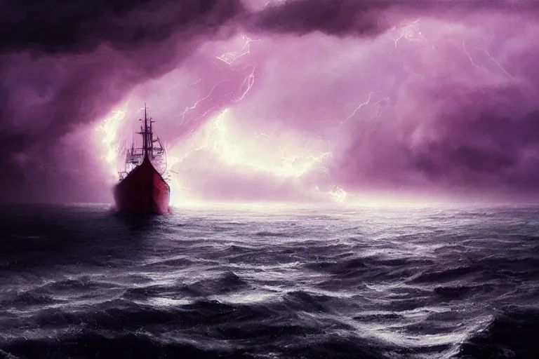 Prompt: a large ship in violent stormy waters, low angle close up shot, massive electrical storm clouds in epic purple sky, dark night, digital art, cinematic, hd, by greg rutkowski, artstation