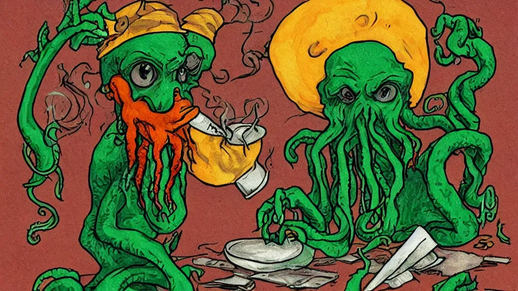 Image similar to an extremely drunk cthulhu smoking a joint in rastafari clothes