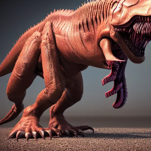 Prompt: a t-rex infected by an alien parasite, octane render, 3D