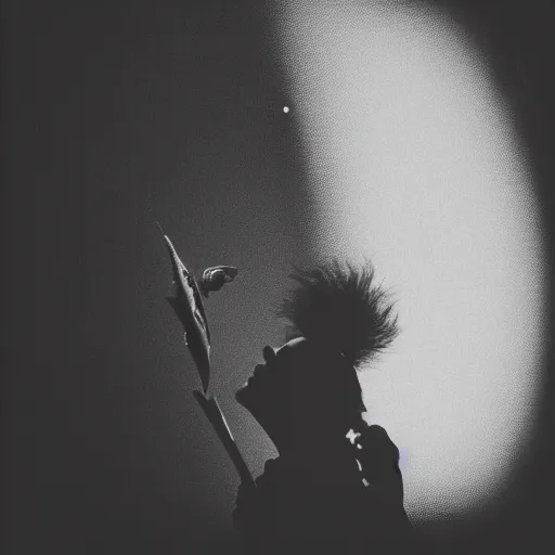 Prompt: portrait of a clown, eating a fish, moon in the sky, analog photography, slight color bleed, high res, 8 k, stars visible, greyscale, film grain