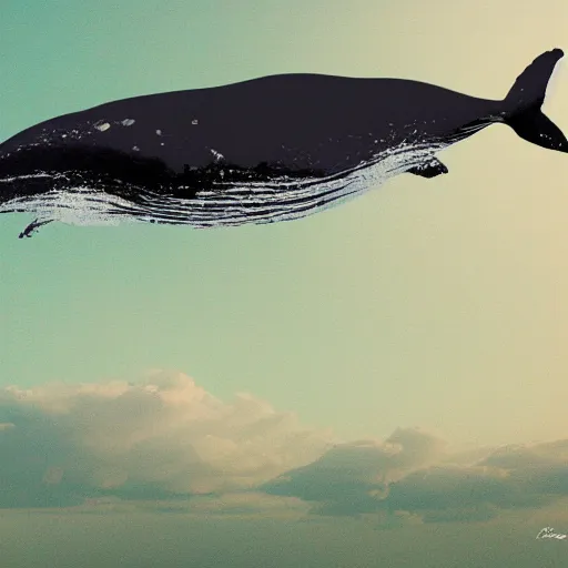 Image similar to a whale flying in the sky, digitalart