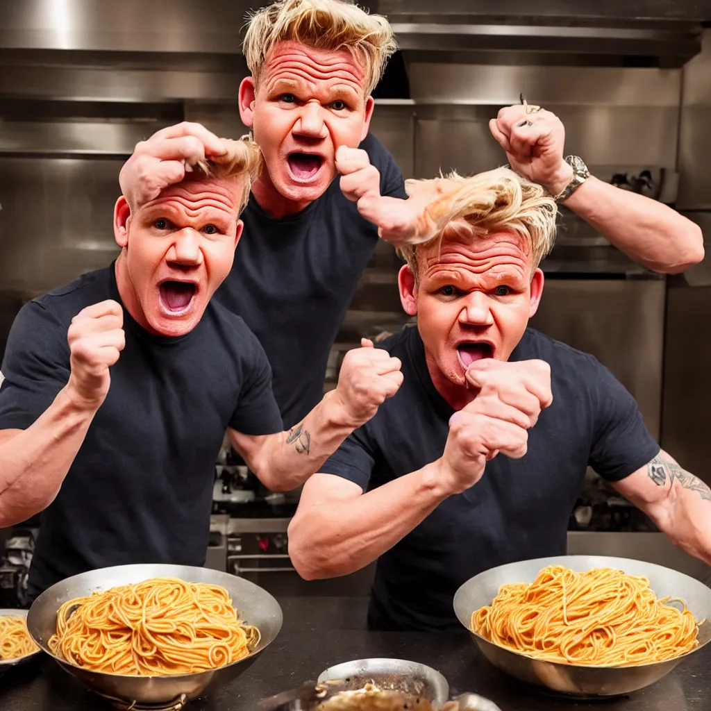 Image similar to gordon ramsay throwing spaghetti and yelling at eminem, cooking show, very detailed, realistic, 4 k, professional photography