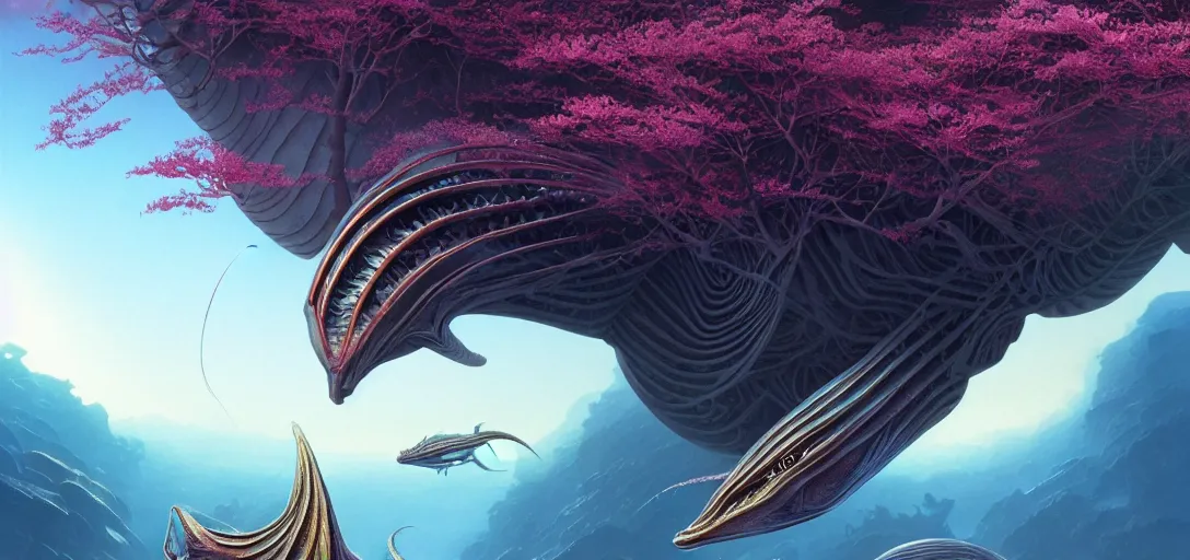 Image similar to photo of an alien fish in the style of roger dean, realistic, sharp focus, 8 k high definition, insanely detailed, intricate, elegant, art by greg rutkowski and artgerm, extreme blur cherry blossoms background