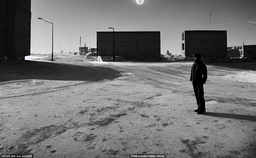 Prompt: On a parking lot in a futuristic space city of Neo Norilsk on the Moon, a Mysterious man is standing in the middle of a street photo by Trent Parke, the sun is blinding, a Russian city on the Moon
