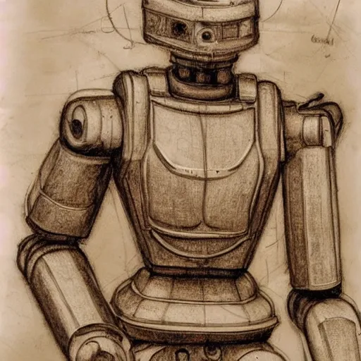 Image similar to hyper realistic robot main frame, construction, engineering drawing, leonardo da vinci sketch, sepia, old