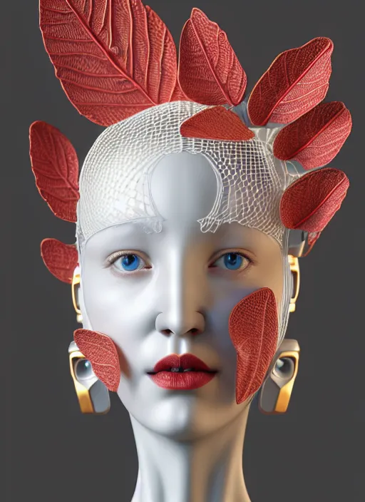 Image similar to complex 3d render ultra detailed of a beautiful porcelain profile woman face, mechanical cyborg, 150 mm, beautiful natural soft light, rim light, studio light, elegant gold details, magnolia big leaves and stems, roots, fine foliage lace, mesh wire, intricate details, hyperrealistic, mandelbrot fractal, anatomical, red lips, white metal armor, facial muscles, cable wires, microchip, elegant, octane render, H.R. Giger style, 8k