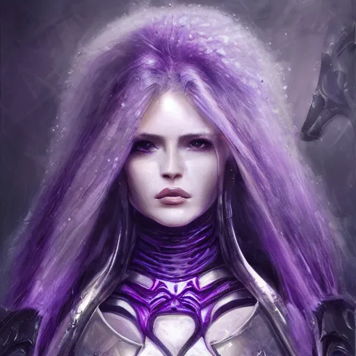 Image similar to extreme close up portrait of a beautiful woman in bionic amethyst armor, female, flowing purple hair, intense stare, stoic, symmetrical, concept art, intricate detail, volumetric shadows and lighting, realistic oil painting magic the gathering style, destiny,