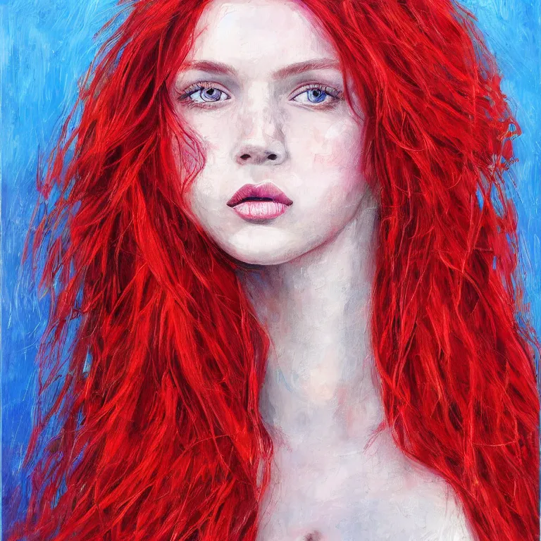 Prompt: portrait in full face of a beautiful red-haired girl. Intricately detailed acrylic painting