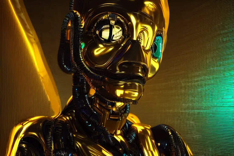 Prompt: 3D render of a smooth simple cyberpunk humanoid futuristic sci-fi robot, neon lights, gold, metallic, in the style of Daniel Dociu, dramatic lighting, vibrant colors, Trending on Artstation HQ, 4K, UHD, High quality, Unreal Engine