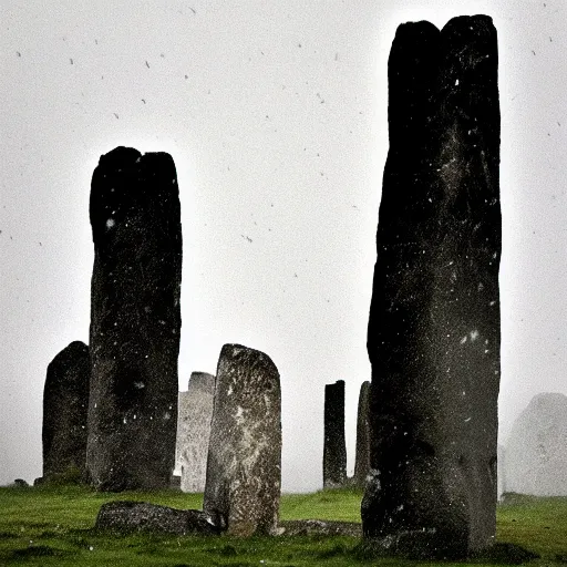 Image similar to 'hundreds of cats play among neolithic standing stones, in a haunting snow storm, fog, atmosphere, brooding clouds'