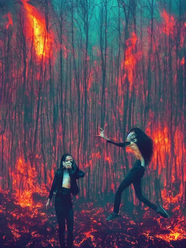 Image similar to “A Tiktok influencer dancing with a forest fire in the background, fleshy, deliquescence, dystopian realm, glitch, texturized, in the style of Harmony Korine”