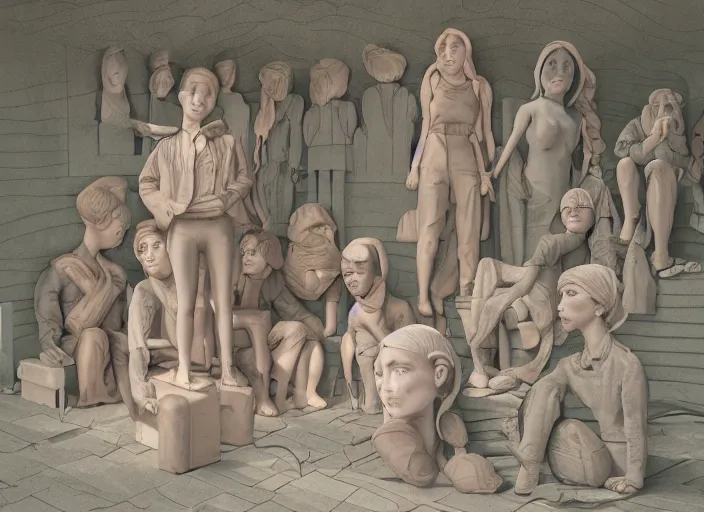 Prompt: people made of plastic and clay exterior office, portrait face, dappled light, in the style of matt murphy, jeremy enecio, miles johnston, monet, cynical realism, john william godward, yoshitaka amano, miles johnston, louise zhang, matt murphy, enes dirig, pekka halonen, finnish naturalism, realism