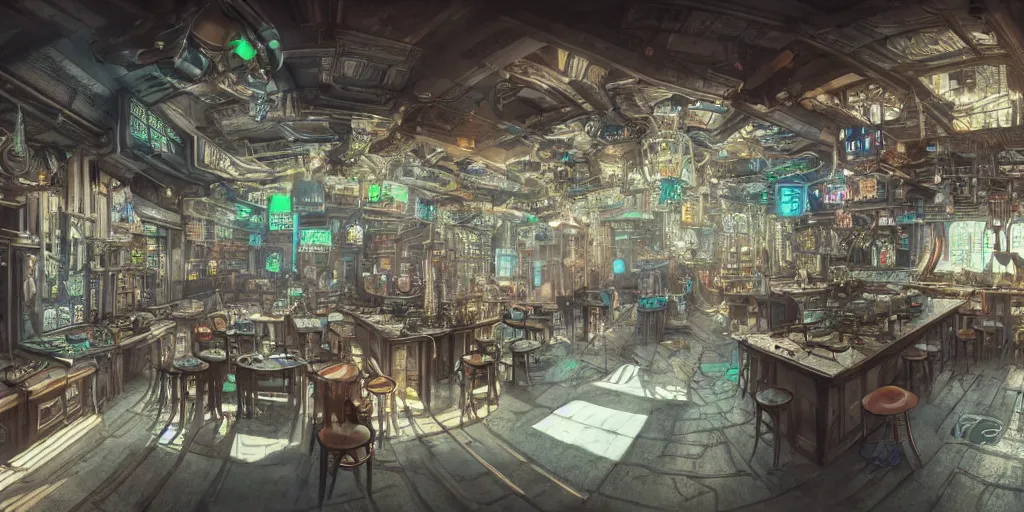 Prompt: Highly detailed realistic photo of interior design in style of Hiromasa Ogura and Josan Gonzalez of detailed cyberpunk tavern with minimalism stone walls and neon lights, a lot of electronics and people, many details. Natural white sunlight from the transperient roof. Panorama on 360 degrees Rendered in 32K in VRAY and DaVinci Resolve and MAXWELL and LUMION 3D, Volumetric natural light