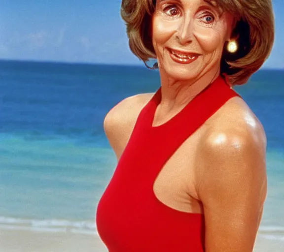 Image similar to color still shot of nancy pelosi on baywatch 1 9 8 9 tv show, face closeup,