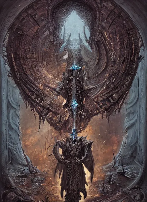 Image similar to Tiberius Stormwind, Dragonborn Sorcerer from Draconia and a member of Vox Machina, industrial rust, dark RA face illustration, symmetrical, evil, chaos, hypermaximalist, ornate, horror, Cliff nielsen, Peter Mohrbacher, Marc Simonetti, detailed, intricate ink illustration, symmetry, bloodborne