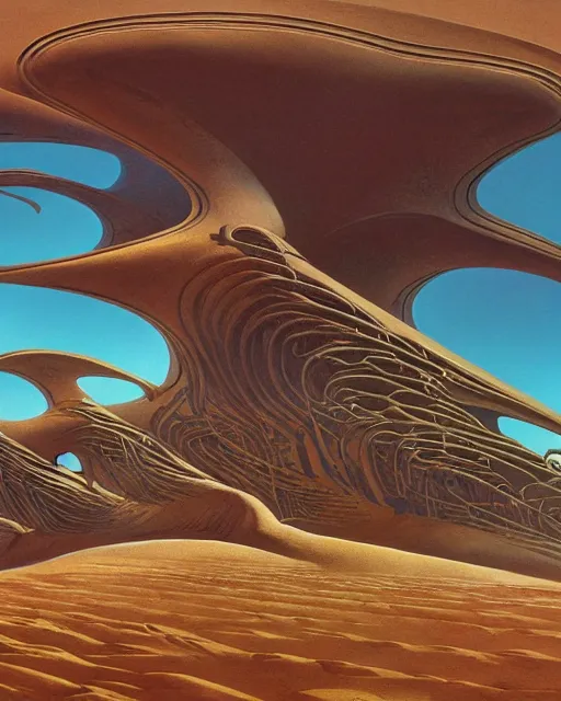 Prompt: dune movie by roger dean, biomechanical, 4 k, hyper detailed