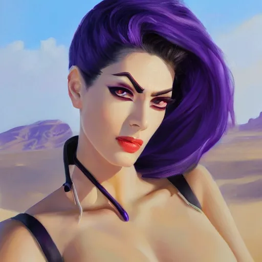 Prompt: oil painting of widowmaker from overwatch in the desert, black and purple jacket, beautiful face, detailed eyes, very detailed face, feminine face, full body