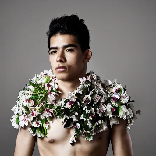 Prompt: a portrait of a beautiful young mexican male wearing an alexander mcqueen armor made of orchids , photographed by andrew thomas huang, artistic