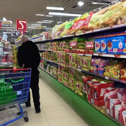 Image similar to Super Mario shopping in Tesco, photograph, photorealistic, picture, supermarket, store
