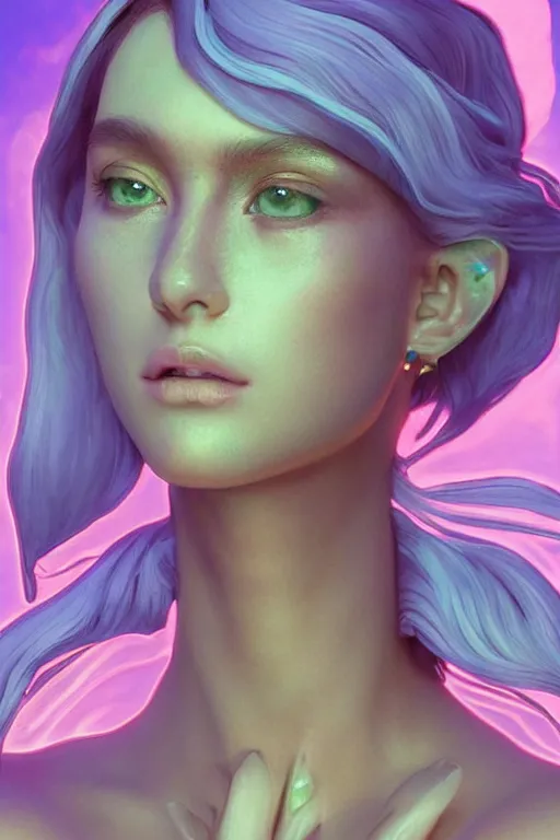 Image similar to flourescent vaporwave portrait of jewel elf oracle physically accurate, moody dynamic lighting, very very intricate, very very elegant, highly detailed, concept art, smooth, very beautiful, sharp focus, illustration, art by Rob Lefield and Dan Mumfordand artgerm and greg rutkowski and alphonse mucha digital painting, artstation, trending on artstation, digital art,surrealism ,macro,blueprint ,vaporwave ,