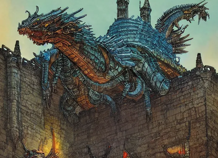 Prompt: intricate fantasy comic book drawing of a giant mechanical dragon over a castle by dariusz zawadski and simon stalenhag, simon bisley, jack kirby and gris grimly, cinematic, epic, awesome color palette