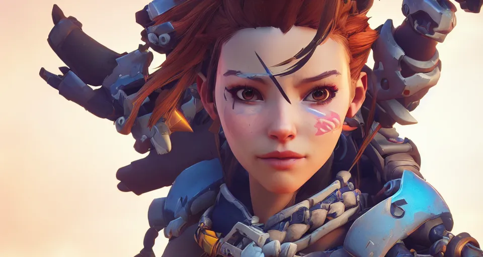 Image similar to one character, overwatch, brigitte, horizon zero dawn, aloy, digital art, high detailed, artstation, octane render