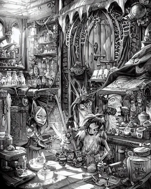 Prompt: A merchant selling treasuries and potions, high detailed store, black and white, fantasy art, goblin art, in the style of masami kurumada, illustration, epic, fantasy, intricate, hyper detailed, artstation, concept art, smooth, sharp focus, ray tracing