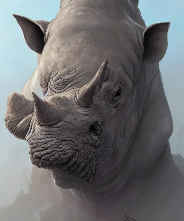 Image similar to A beautiful portrait of an anthropomorphic rhino wearing paladin armor, front facing!!, character design, by Tooth Wu and greg rutkowski and artgerm, hyper realism, high detail, trending on artstation, unreal engine 5, Lumen, 8k, 38mm photography