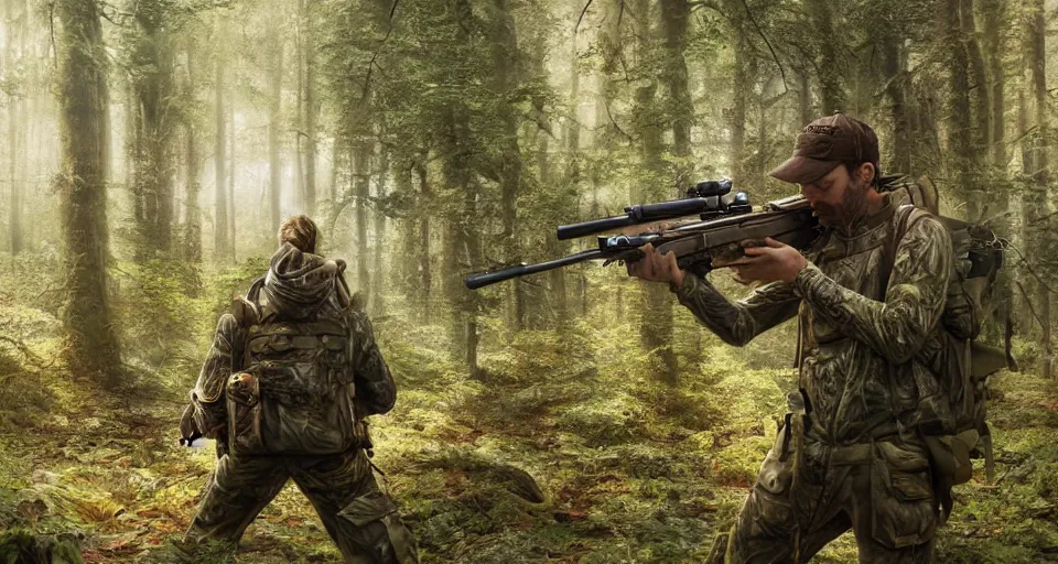 Prompt: A beautiful hyper realistic ultra detailed lifelike matte painting of a hunter in a forest aiming with his rifle, unreal engine, deviantart, flickr, artstation, octane render, textured, colorful, extreme realistic detail, physically based rendering, pbr render, very detailed, volumetric lighting, detailed lighting, octane render, 4k, cinematic lighting, 8k resolution