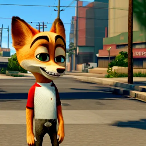 Prompt: Screenshot of the original Grand Theft Auto: San Andreas featuring Nick Wilde (from Zootopia)