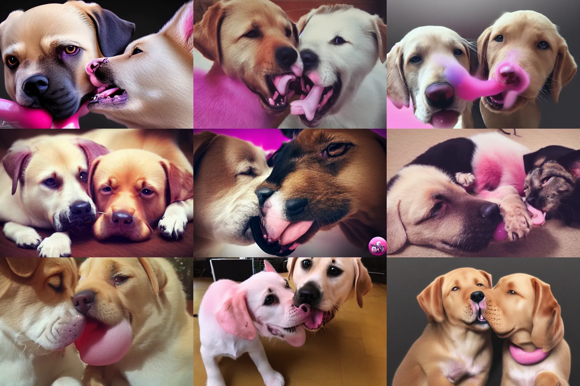 Prompt: puppy, labrador, cat and dog licking each other, cute, trending on Artstation, long tongue, (pink colors), trending on Twitter, trending on Instagram, very beautiful fur, perfect animal, photorealistic, close-up, 35mm