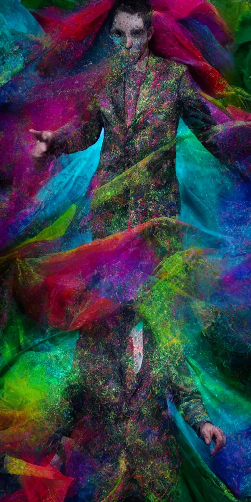 Prompt: faceless man in a multicolored suit, hidden behind torn cloth swirling violently, abstract cloth simulation, tattered fabric, rags, ragged, ephemeral, gradients, hyperdetailed, hyper realistic, Cozy, soft light, caustic, atmospheric fog, Octane Render, cinematic