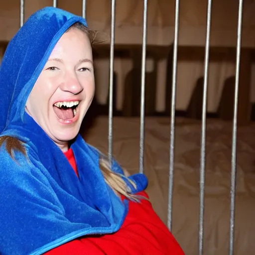 Image similar to Ghislane Maxwell wearing a blue Snuggie, sitting in a jail cell, she is laughing