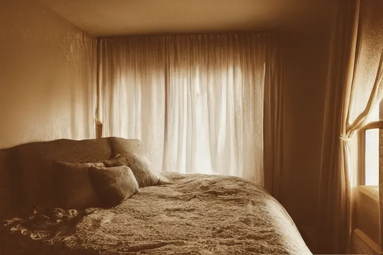 Prompt: dark dreamy bedroom, soft focus cinematic still, dark dreamy golden sunset dappled light