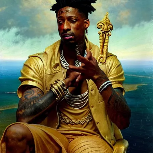 Prompt: 2 1 savage accuses travis scott of betrayal! zeus sits on the throne of olympus, heavenly marble, ambrosia served on golden platters, painting by gaston bussiere, craig mullins, j. c. leyendecker, tom of finland