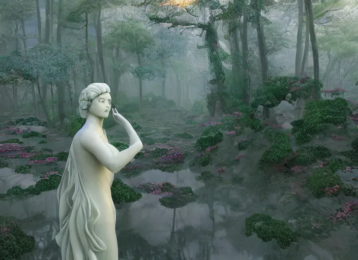 Image similar to idealistic marble statues with fractal flowery hair, seen from behind, in a magical forest, painted by, mc escher, gordon onslow ford, georgia o'keeffe and ivan aivazovsky, cinematic light, god rays, colourful, unreal engine, zbrush central,