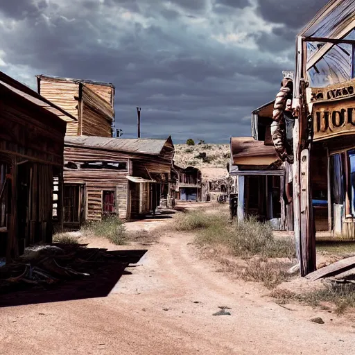Image similar to Abandoned Wild West town at high noon, hyperrealistic