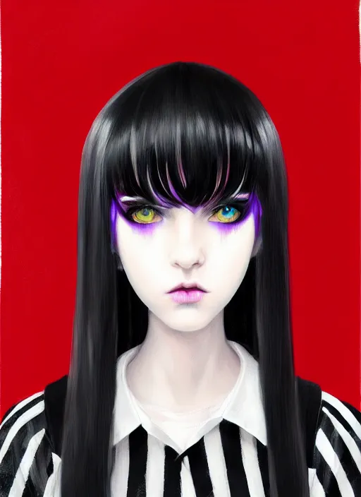 Prompt: portrait of white teenage girl, normal face, black bangs, mall goth, cyberlox, black hair with white bangs, black and white hair, bangs, fluffy bangs, red contacts, purple lipstick, intricate, elegant, highly detailed, digital painting, artstation, concept art, sharp focus, smooth, illustration, art by wlop, mars ravelo and greg rutkowski