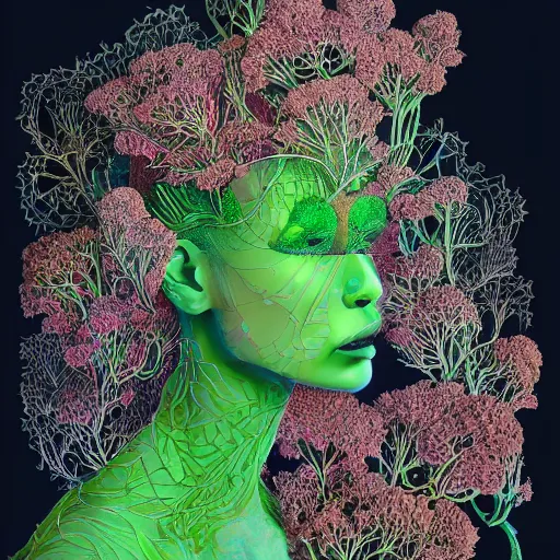 Image similar to the portrait of an unbelievably beautiful and sophisticated young woman made up of broccoli, an ultrafine detailed illustration by james jean, intricate linework, bright colors, final fantasy, behance contest winner, vanitas, angular, altermodern, unreal engine 5 highly rendered, global illumination, radiant light, detailed and intricate environment